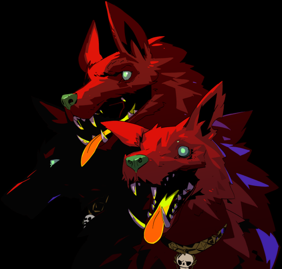 Cerberus reference art for the game Hades. A red, three-headed dog, with one very happy head, one very angry head, and one head that can't be bothered.