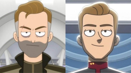 A side by side of two characters from Star Trek: Lower Decks of Nick Locarno (left) and Tom Paris (right), both played by  Robert Duncan McNeill in this episode and in live action Star Trek.