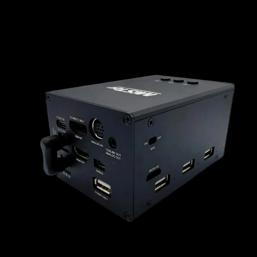 A MiSTer Addons Aluminum Armor case, black with white lettering reading MiSTer. 