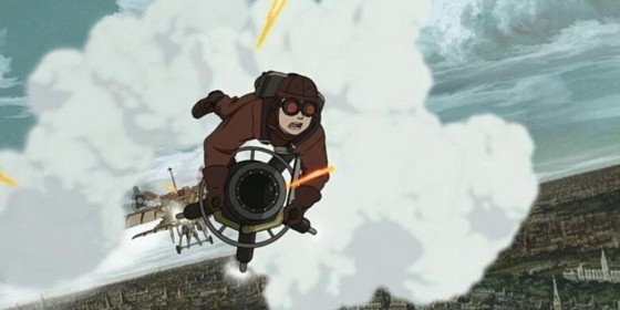 A still from the anime Steamboy showing the titular boy riding a rocket powered by steam. He's wearing a brown flack jacket, goggles, and a brown cap. He's being pursued by a prop plane.