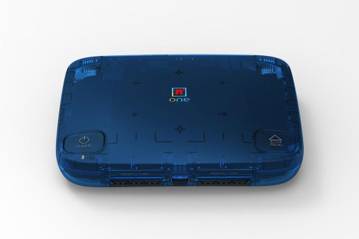 A Taki Udon SuperStation MiSTer console in translucent blue.