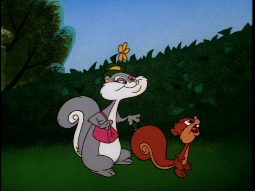 Slappy Squirrel, an anthropomorphized grey squirrel from the TV show Animaniacs with her grandson. She's wearing a green bowler with a yellow flower and carries a pink purse.